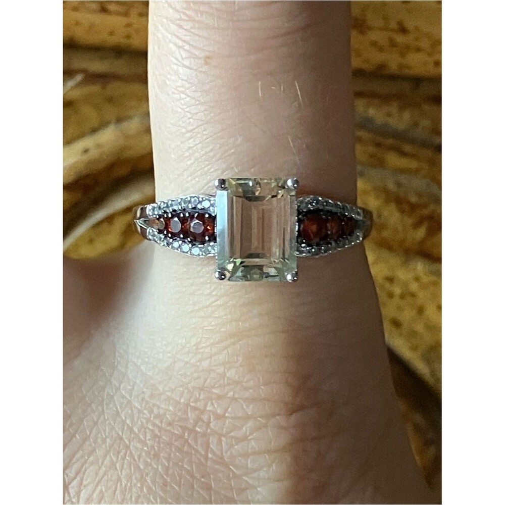 Yellow Labradorite Red Garnet Sterling Silver Ring Size 10